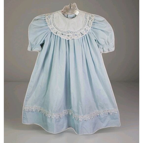 Peaches N Cream Other - Peaches N Cream Vtg Blue Girls Dress White Collar Eyelet Trim Sz 4T Bib Cottage